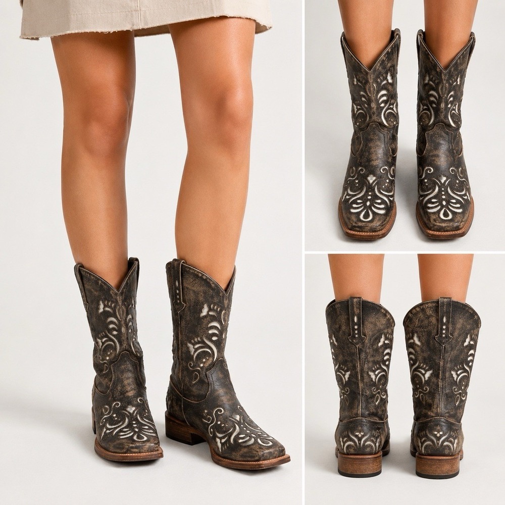 Roper Women's Black Distressed Western Cowboy Boots 9.5 metallic western floral